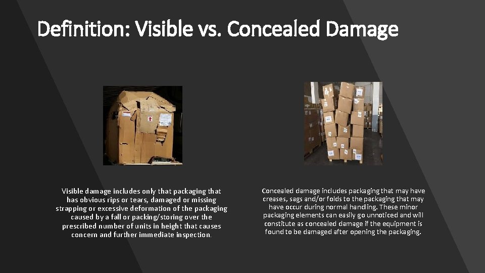 Definition: Visible vs. Concealed Damage Visible damage includes only that packaging that has obvious