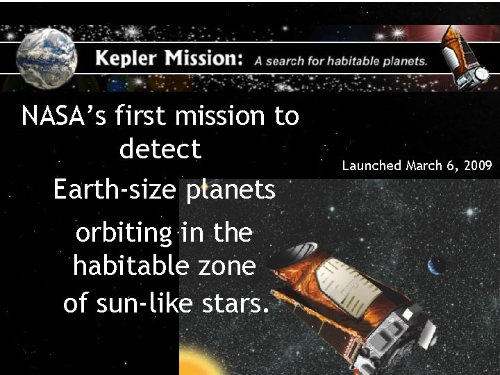 A Search for Habitable Planets NASA’s first mission to detect Earth-size planets Launched March