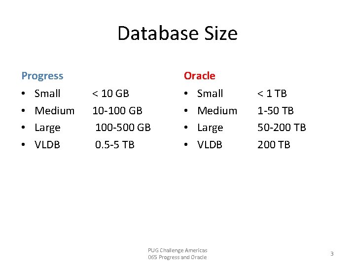 Database Size Progress • • Small Medium Large VLDB Oracle < 10 GB 10