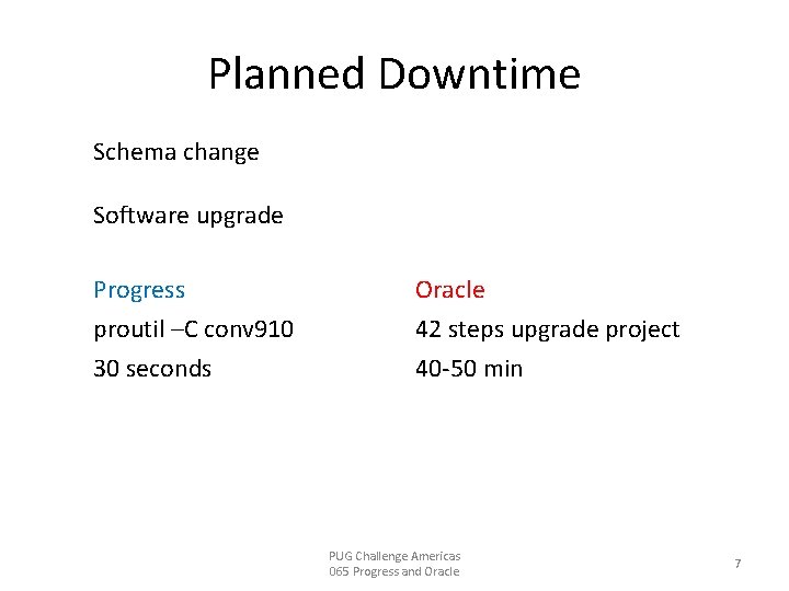 Planned Downtime Schema change Software upgrade Progress proutil –C conv 910 30 seconds Oracle