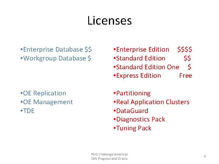 Licenses • Enterprise Database $$ • Workgroup Database $ • Enterprise Edition $$$$ •