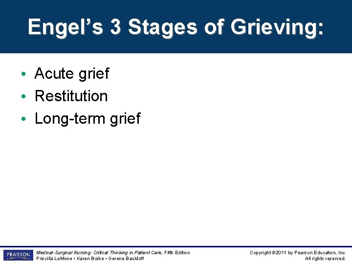 Engel’s 3 Stages of Grieving: • Acute grief • Restitution • Long-term grief Medical-Surgical Engel’s 3 Stages of Grieving: • Acute grief • Restitution • Long-term grief Medical-Surgical