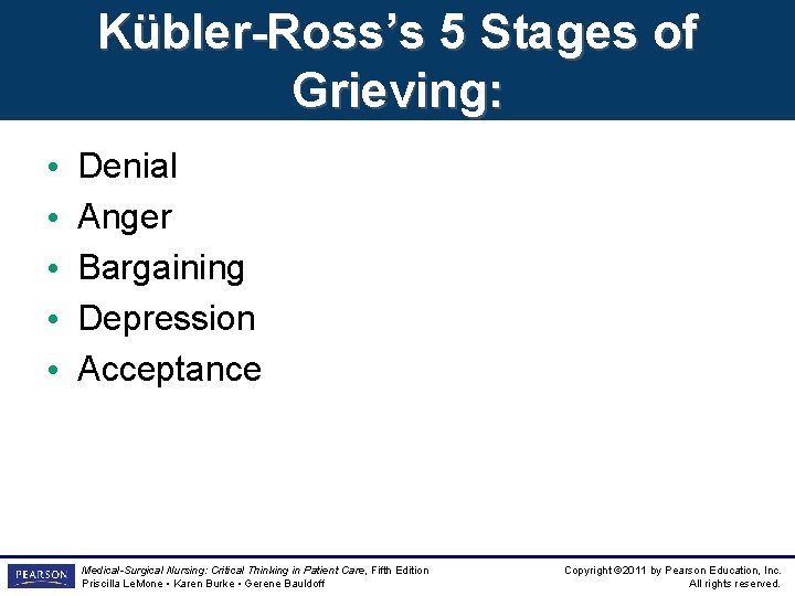 Kübler-Ross’s 5 Stages of Grieving: • • • Denial Anger Bargaining Depression Acceptance Medical-Surgical Kübler-Ross’s 5 Stages of Grieving: • • • Denial Anger Bargaining Depression Acceptance Medical-Surgical