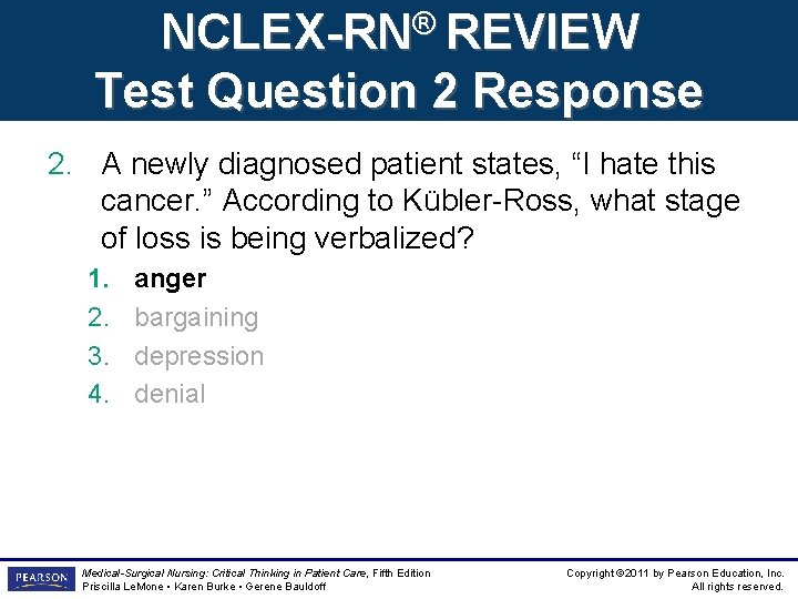 NCLEX-RN® REVIEW Test Question 2 Response 2. A newly diagnosed patient states, “I hate NCLEX-RN® REVIEW Test Question 2 Response 2. A newly diagnosed patient states, “I hate