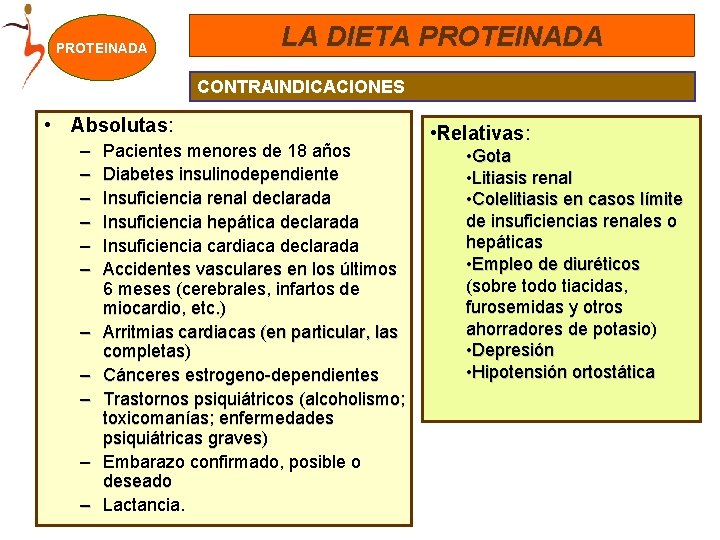PROTEINADA LA DIETA PROTEINADA CONTRAINDICACIONES • Absolutas: – – – Pacientes menores de 18