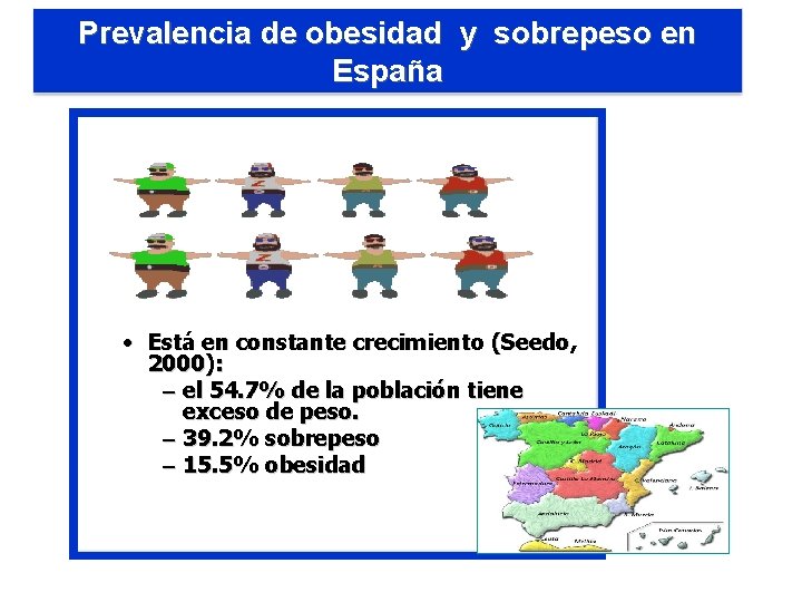 Prevalencia de obesidad y sobrepeso en España • Está en constante crecimiento (Seedo, 2000):