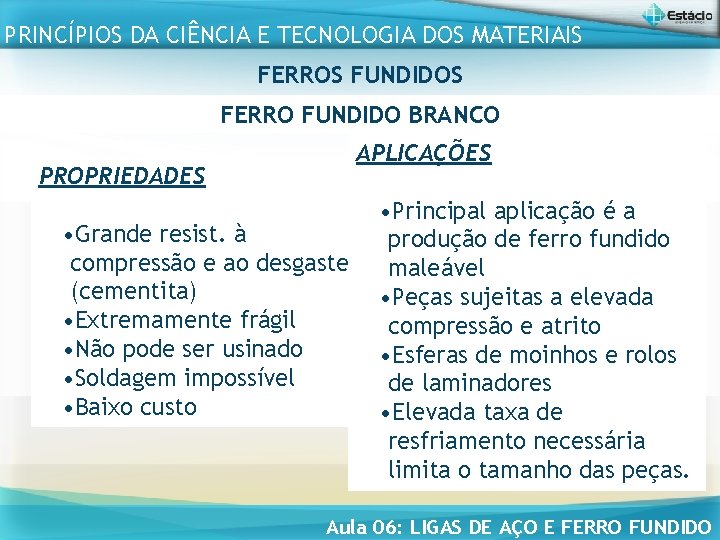 PRINCÍPIOS DA CIÊNCIA E TECNOLOGIA DOS MATERIAIS FERROS FUNDIDOS FERRO FUNDIDO BRANCO APLICAÇÕES PROPRIEDADES