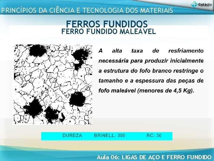 PRINCÍPIOS DA CIÊNCIA E TECNOLOGIA DOS MATERIAIS FERROS FUNDIDOS FERRO FUNDIDO MALEÁVEL Aula 06: