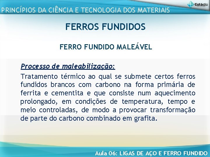 PRINCÍPIOS DA CIÊNCIA E TECNOLOGIA DOS MATERIAIS FERROS FUNDIDOS FERRO FUNDIDO MALEÁVEL Processo de