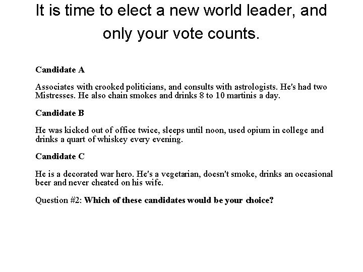 It is time to elect a new world leader, and only your vote counts.