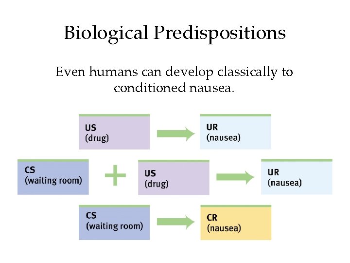 Biological Predispositions Even humans can develop classically to conditioned nausea. 