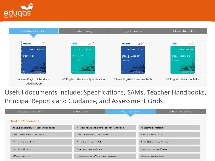 Useful documents include: Specifications, SAMs, Teacher Handbooks, Principal Reports and Guidance, and Assessment Grids.