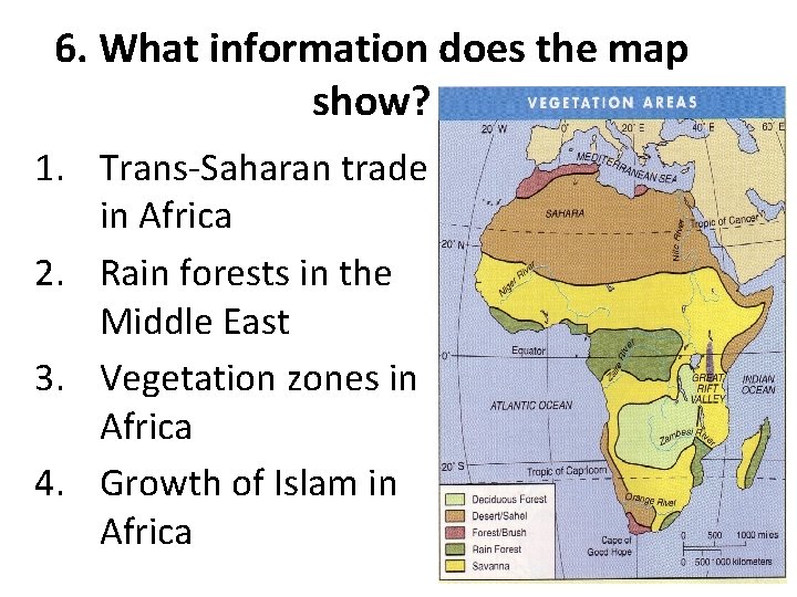 6. What information does the map show? 1. Trans-Saharan trade in Africa 2. Rain