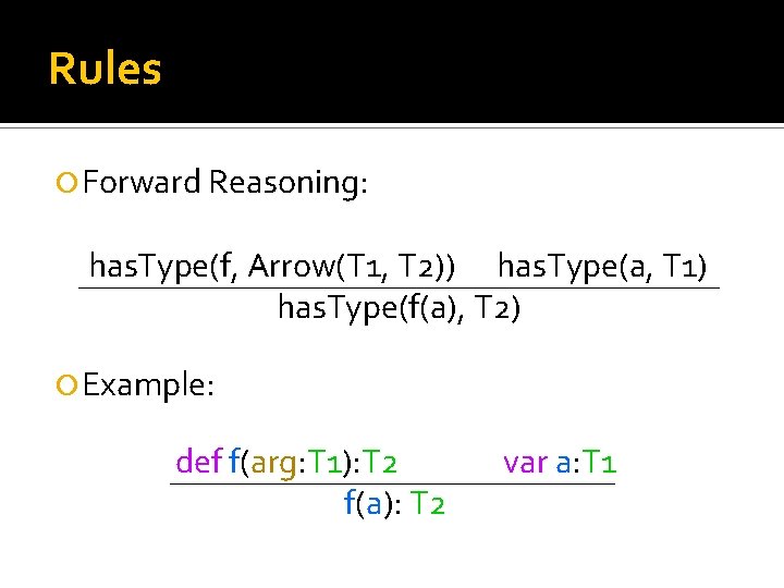 Rules Forward Reasoning: has. Type(f, Arrow(T 1, T 2)) has. Type(a, T 1) has.