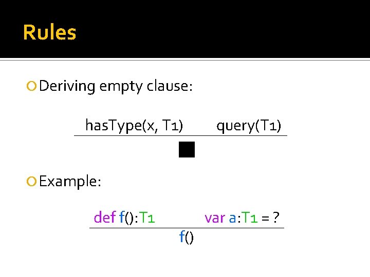 Rules Deriving empty clause: has. Type(x, T 1) query(T 1) Example: def f(): T