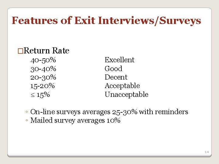 Features of Exit Interviews/Surveys �Return Rate 40 -50% 30 -40% 20 -30% 15 -20% Features of Exit Interviews/Surveys �Return Rate 40 -50% 30 -40% 20 -30% 15 -20%