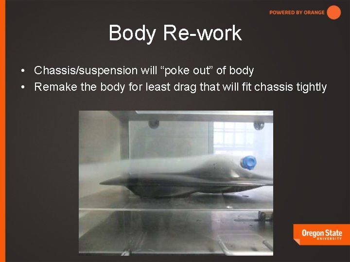 Body Re-work • Chassis/suspension will “poke out” of body • Remake the body for