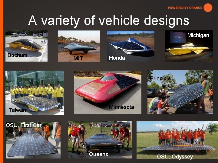 A variety of vehicle designs Michigan Bochum Honda MIT Principia Minnesota Taiwan OSU, First