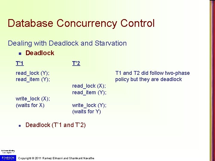 Database Concurrency Control Dealing with Deadlock and Starvation n Deadlock T’ 1 T’ 2