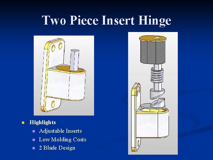 Two Piece Insert Hinge n Highlights n Adjustable Inserts n Low Molding Costs n