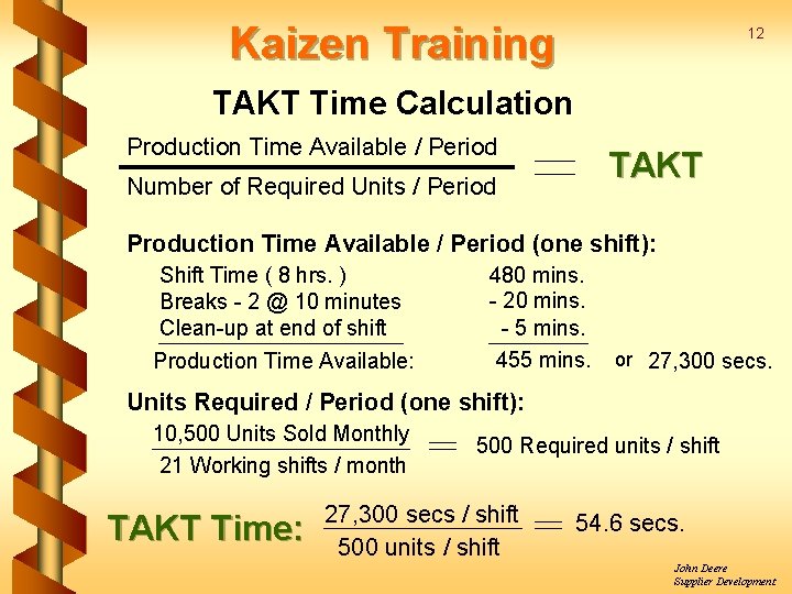 Kaizen Training 12 TAKT Time Calculation Production Time Available / Period TAKT Number of