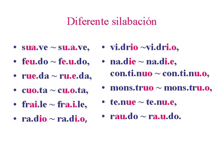 Diferente silabación • • • sua. ve ~ su. a. ve, feu. do ~