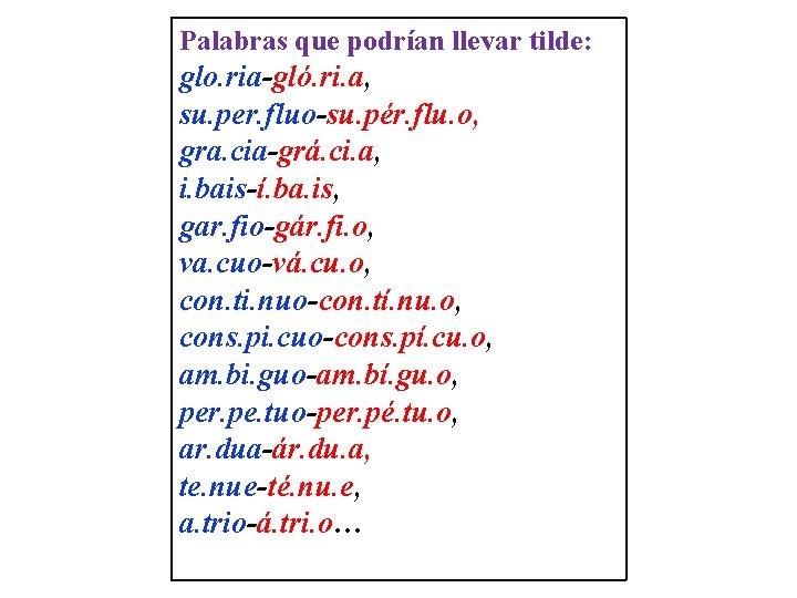 Palabras que podrían llevar tilde: glo. ria-gló. ri. a, su. per. fluo-su. pér. flu.