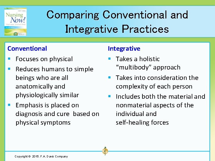 Comparing Conventional and Integrative Practices Conventional § Focuses on physical § Reduces humans to