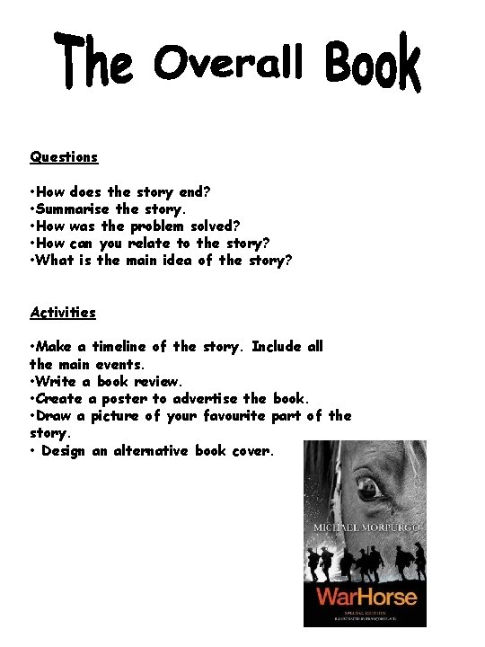 Questions • How does the story end? • Summarise the story. • How was