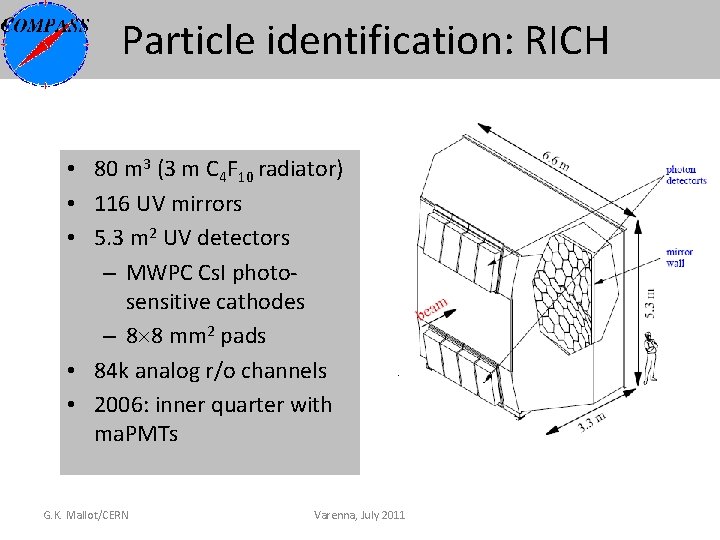 Particle identification: RICH • 80 m 3 (3 m C 4 F 10 radiator) Particle identification: RICH • 80 m 3 (3 m C 4 F 10 radiator)