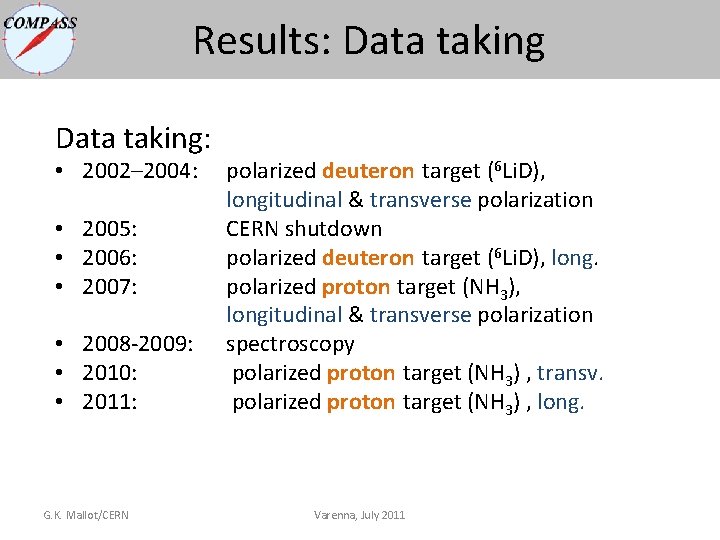 Results: Data taking: • 2002– 2004: • 2005: • 2006: • 2007: • 2008 Results: Data taking: • 2002– 2004: • 2005: • 2006: • 2007: • 2008