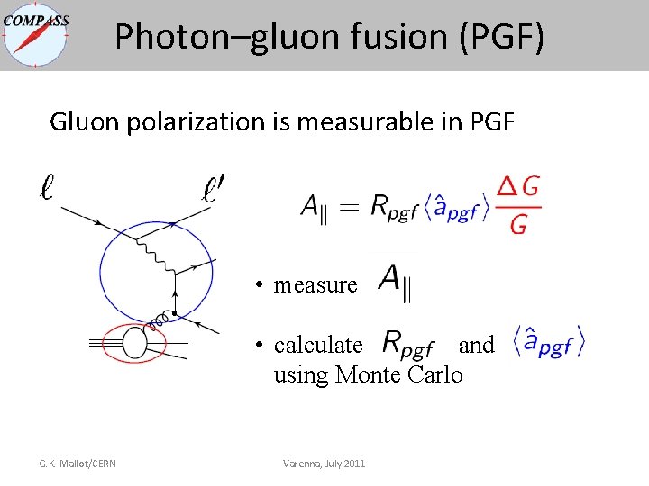 Photon–gluon fusion (PGF) Gluon polarization is measurable in PGF • measure • calculate and Photon–gluon fusion (PGF) Gluon polarization is measurable in PGF • measure • calculate and