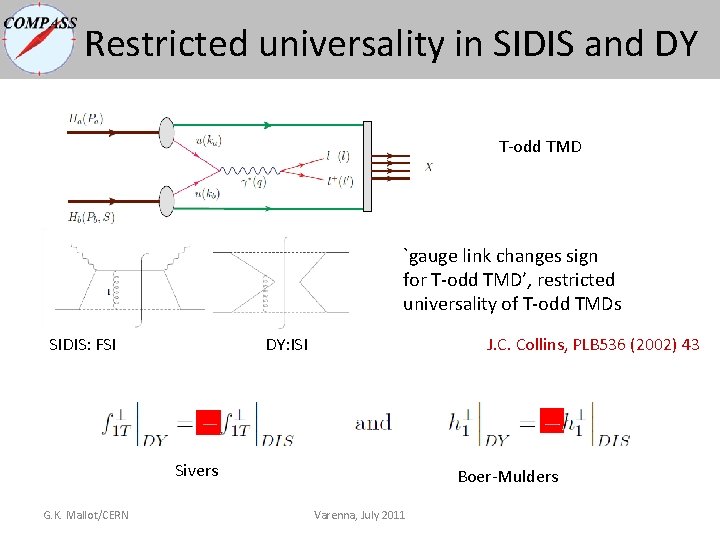 Restricted universality in SIDIS and DY T-odd TMD `gauge link changes sign for T-odd Restricted universality in SIDIS and DY T-odd TMD `gauge link changes sign for T-odd