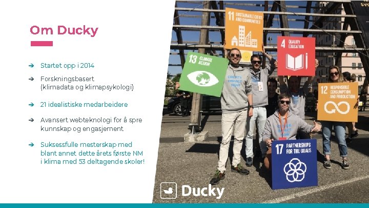 Om Ducky ➔ Startet opp i 2014 ➔ Forskningsbasert (klimadata og klimapsykologi) ➔ 21