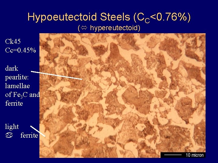 Hypoeutectoid Steels (CC<0. 76%) ( hypereutectoid) Ck 45 Cc=0. 45% dark pearlite: lamellae of Hypoeutectoid Steels (CC<0. 76%) ( hypereutectoid) Ck 45 Cc=0. 45% dark pearlite: lamellae of