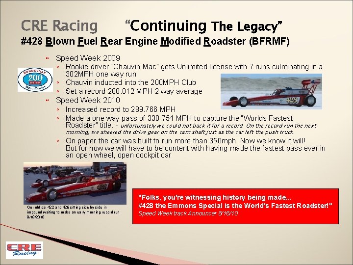 CRE Racing “Continuing The Legacy” #428 Blown Fuel Rear Engine Modified Roadster (BFRMF) Speed