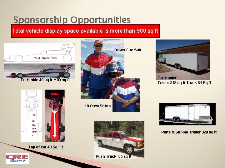 Sponsorship Opportunities Total vehicle display space available is more than 900 sq ft Driver