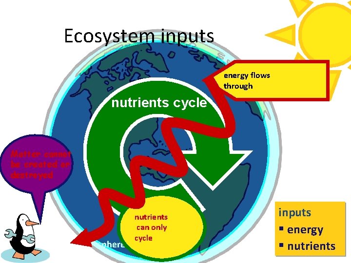 Ecosystem inputs energy flows constant input of energy through nutrients cycle Matter cannot Don’t