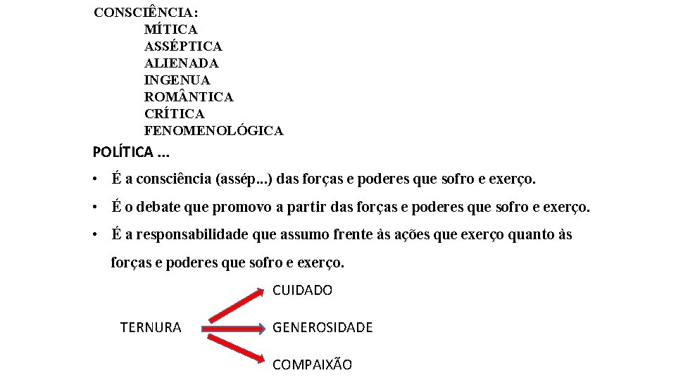 CONSCIÊNCIA: MÍTICA ASSÉPTICA ALIENADA INGENUA ROM NTICA CRÍTICA FENOMENOLÓGICA POLÍTICA. . . • É