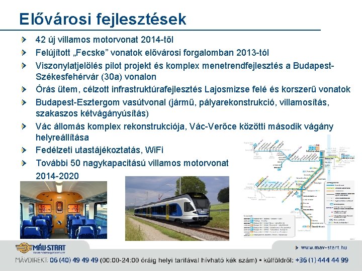 Elővárosi fejlesztések 42 új villamos motorvonat 2014 -től Felújított „Fecske” vonatok elővárosi forgalomban 2013