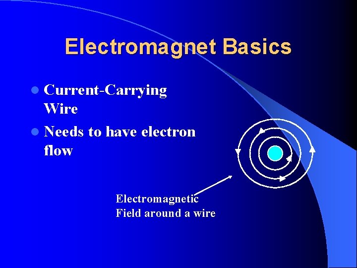 Electromagnet Basics l Current-Carrying Wire l Needs to have electron flow Electromagnetic Field around