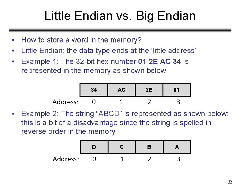 Little Endian vs. Big Endian • How to store a word in the memory?