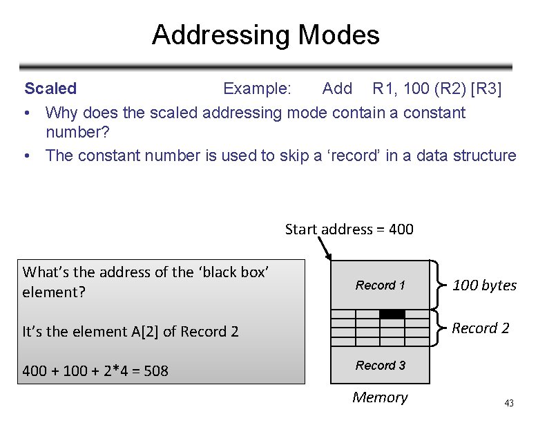 Addressing Modes Scaled Example: Add R 1, 100 (R 2) [R 3] • Why