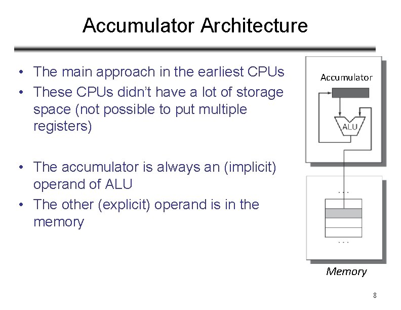 Accumulator Architecture • The main approach in the earliest CPUs • These CPUs didn’t