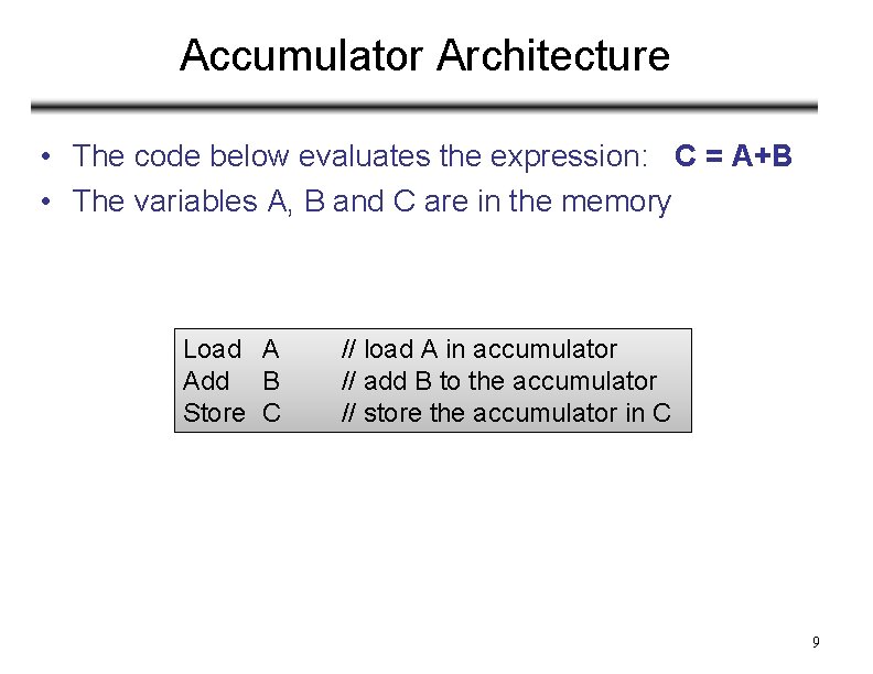 Accumulator Architecture • The code below evaluates the expression: C = A+B • The