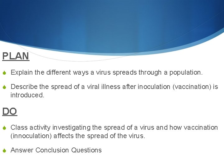 PLAN S Explain the different ways a virus spreads through a population. S Describe