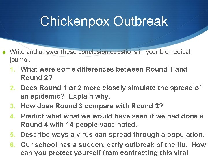 Chickenpox Outbreak S Write and answer these conclusion questions in your biomedical journal. 1.