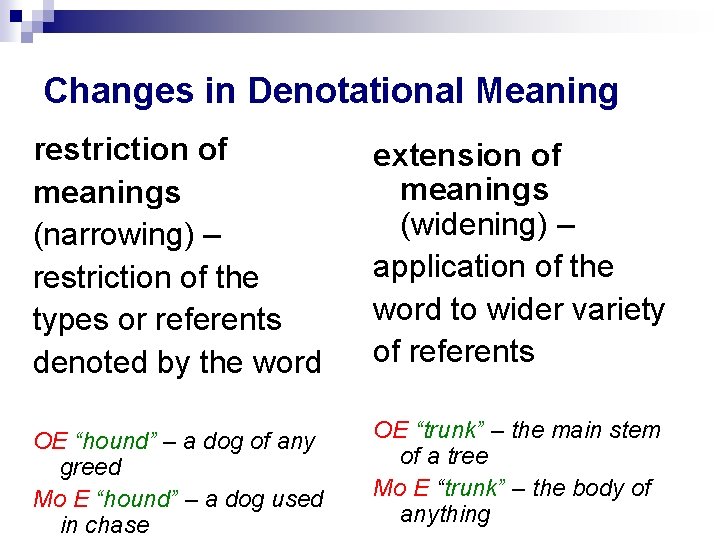 Changes in Denotational Meaning restriction of meanings (narrowing) – restriction of the types or