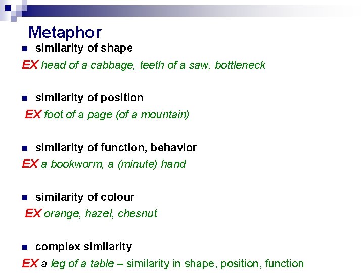 Metaphor similarity of shape EX head of a cabbage, teeth of a saw, bottleneck