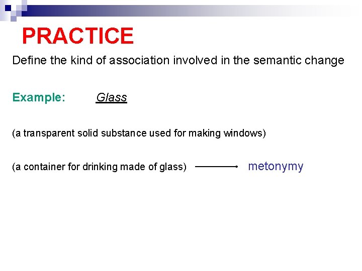 PRACTICE Define the kind of association involved in the semantic change Example: Glass (a